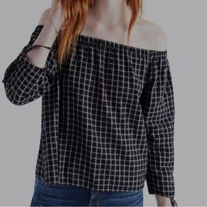 Madewell Boho Black White Plaid Off The Shoulder Blouse Size L